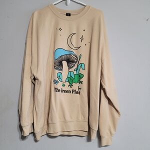 Mens Planet Earth Sweatshirt Fan Club Size XL Off White Frog Moon Stars Mushroom